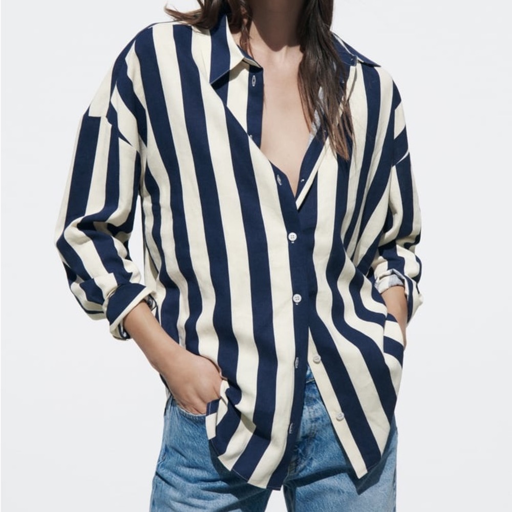 Zara Oversized Linen Blend Shirt in Navy/White, size Medium